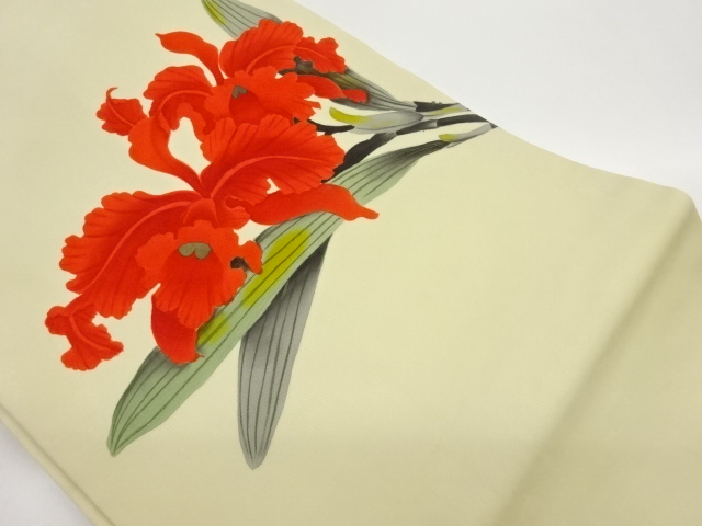 作家物　塩瀬手描き金彩花葉模様名古屋帯